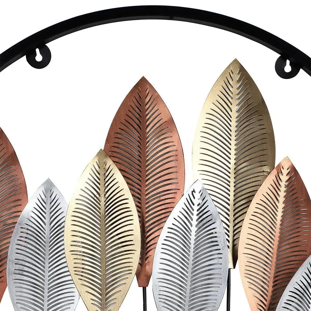 Round Etched Long Leaves Wall Décor for Living Room in Silver & Copper Color