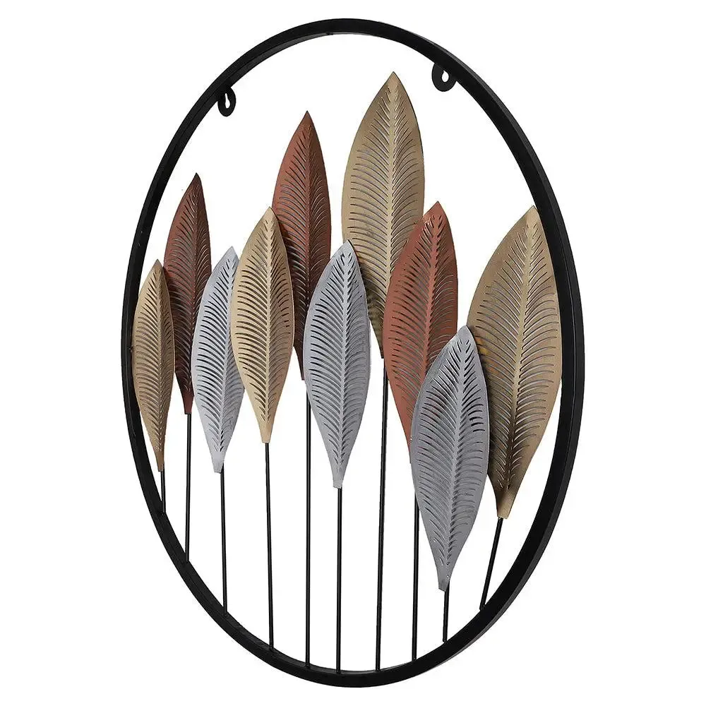 Round Etched Long Leaves Wall Décor for Living Room in Silver & Copper Color
