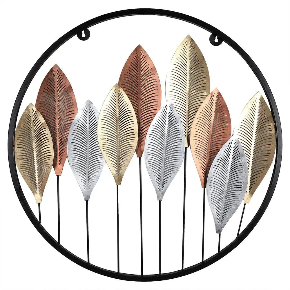 Round Etched Long Leaves Wall Décor for Living Room in Silver & Copper Color