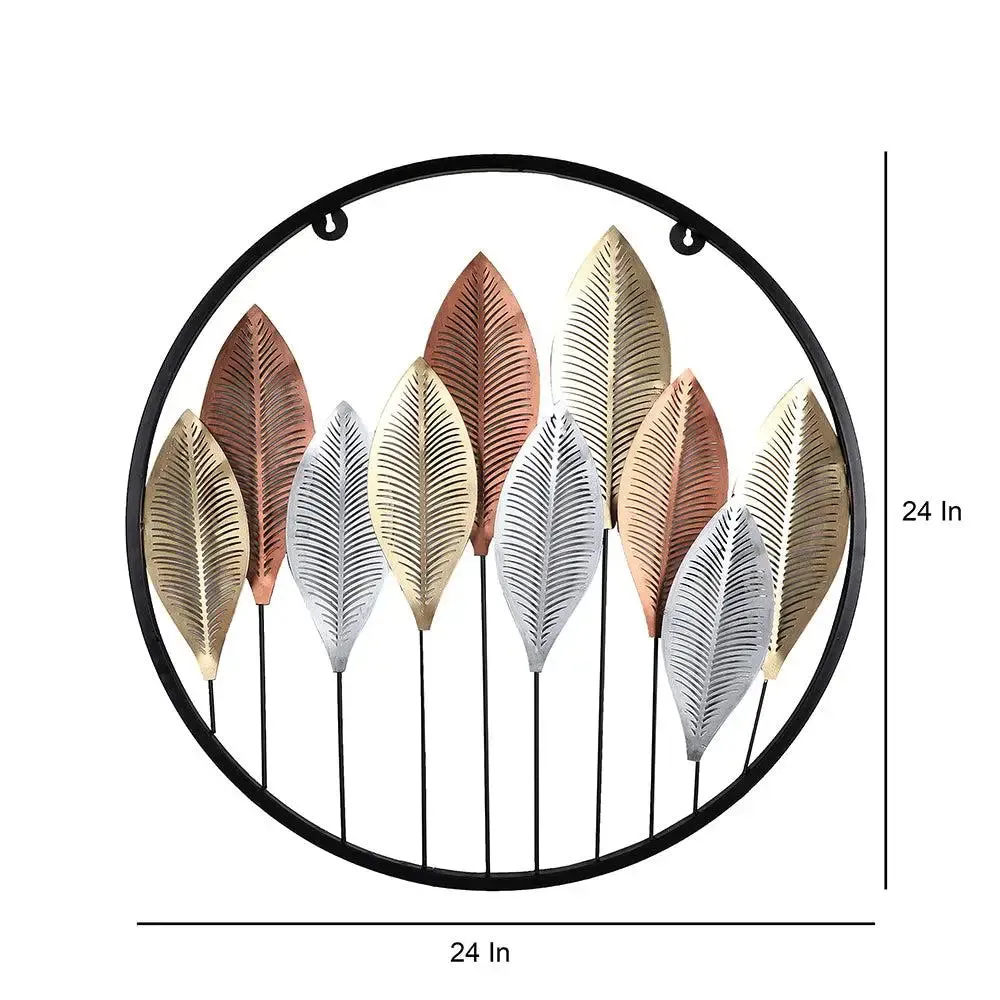 Round Etched Long Leaves Wall Décor for Living Room in Silver & Copper Color