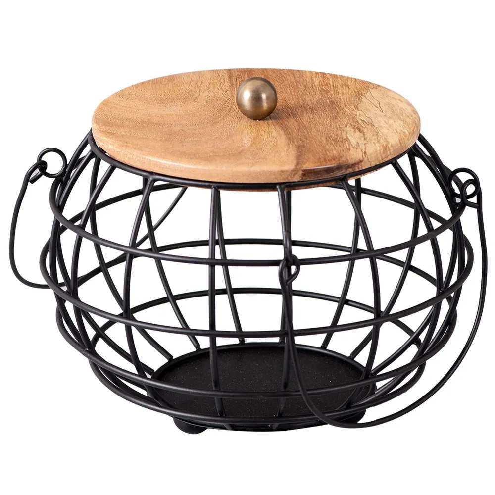 Round Gold Wired Wood Lid Metal Vegetable/Fruit Basket