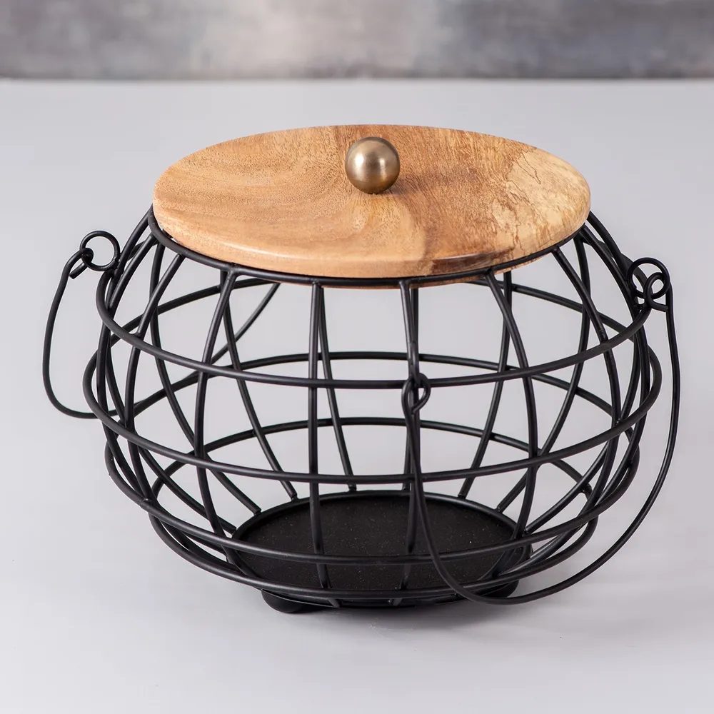 Round Gold Wired Wood Lid Metal Vegetable/Fruit Basket