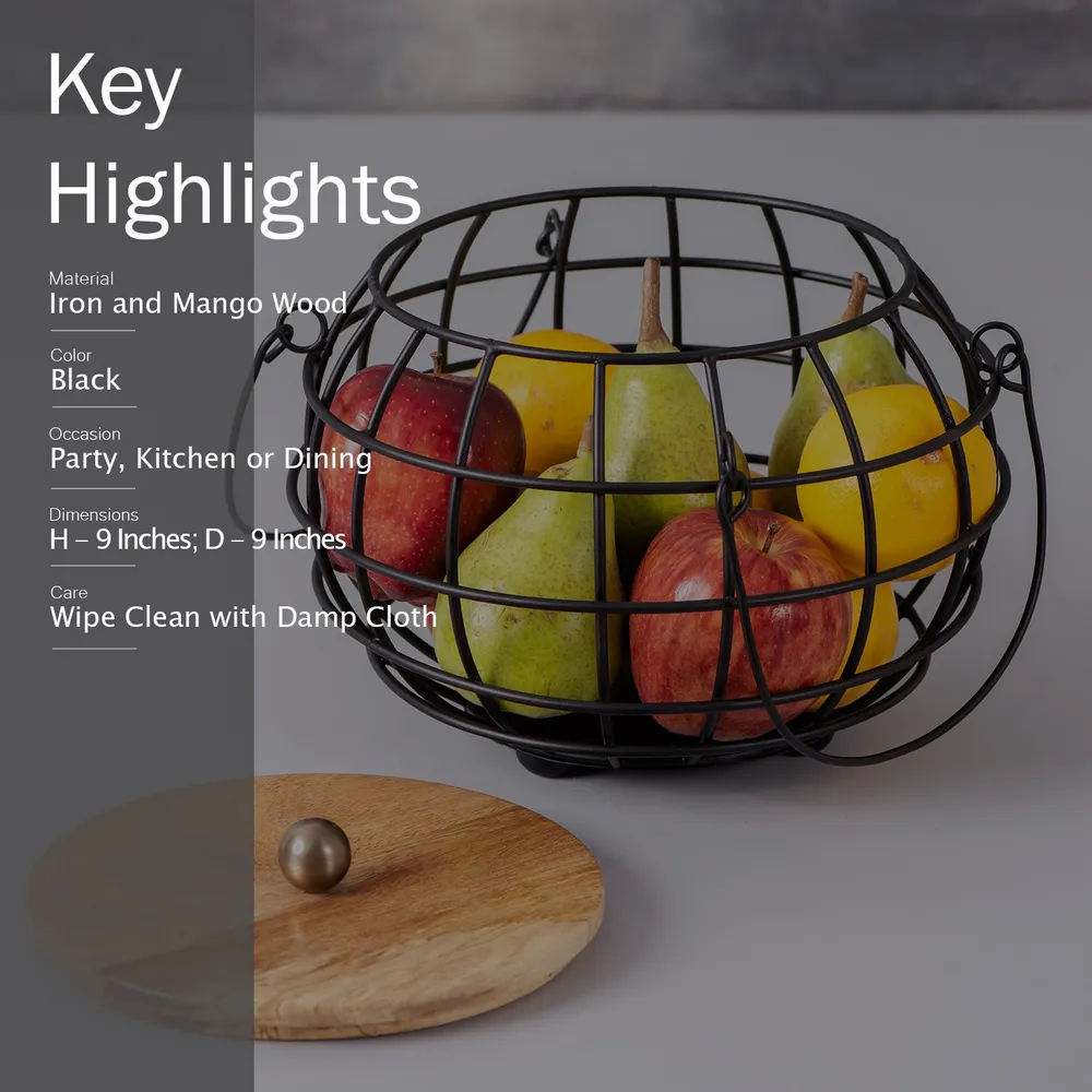 Round Gold Wired Wood Lid Metal Vegetable/Fruit Basket