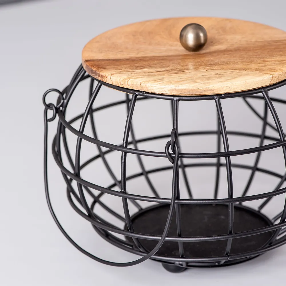 Round Gold Wired Wood Lid Metal Vegetable/Fruit Basket