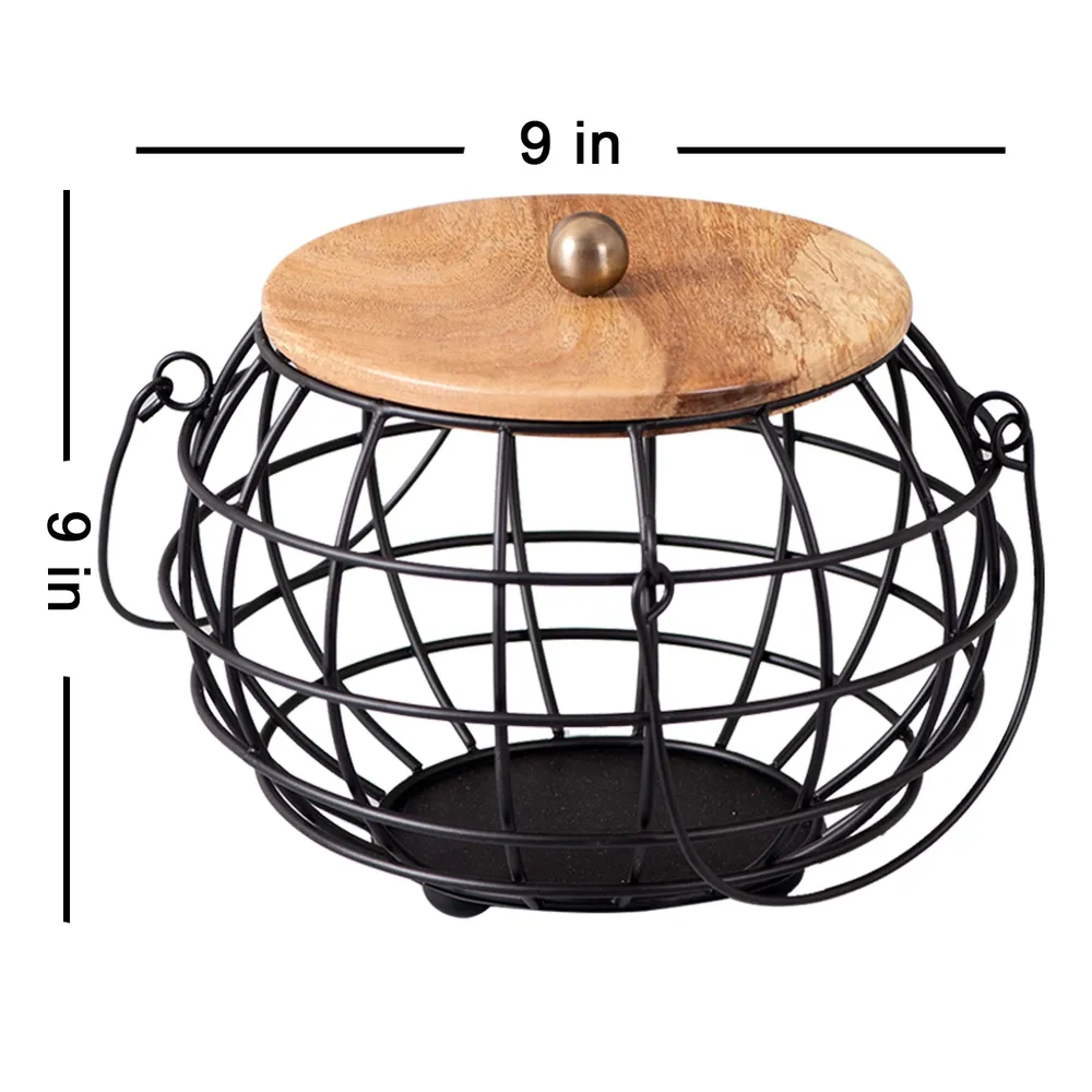 Round Gold Wired Wood Lid Metal Vegetable/Fruit Basket