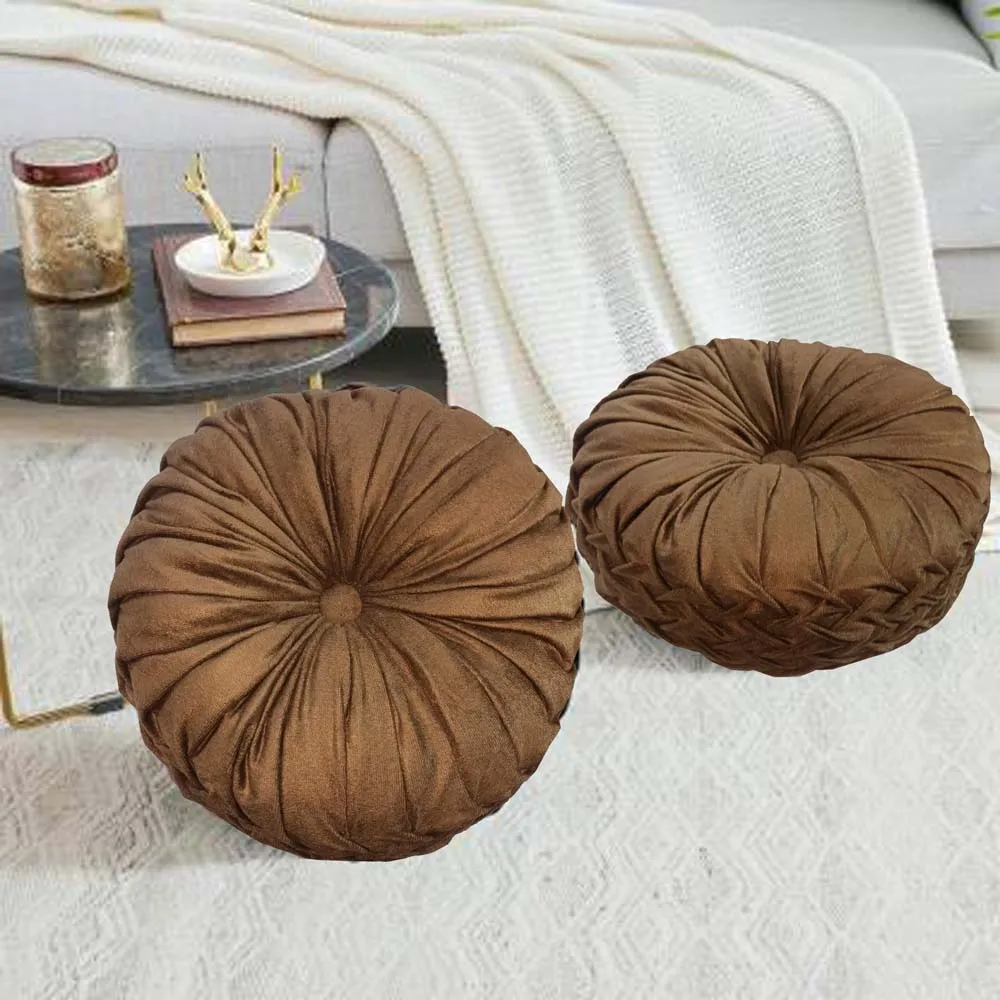 Round Hand Stitched Smoking Velvet Brown Cushion Cover With Filler