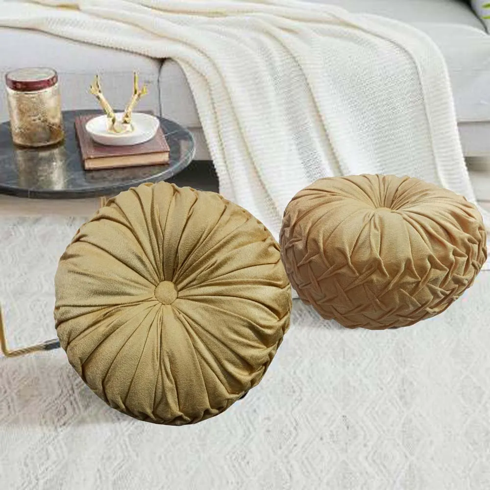 Round Hand Stitched Smoking Velvet Gold Cushion Cover With Filler