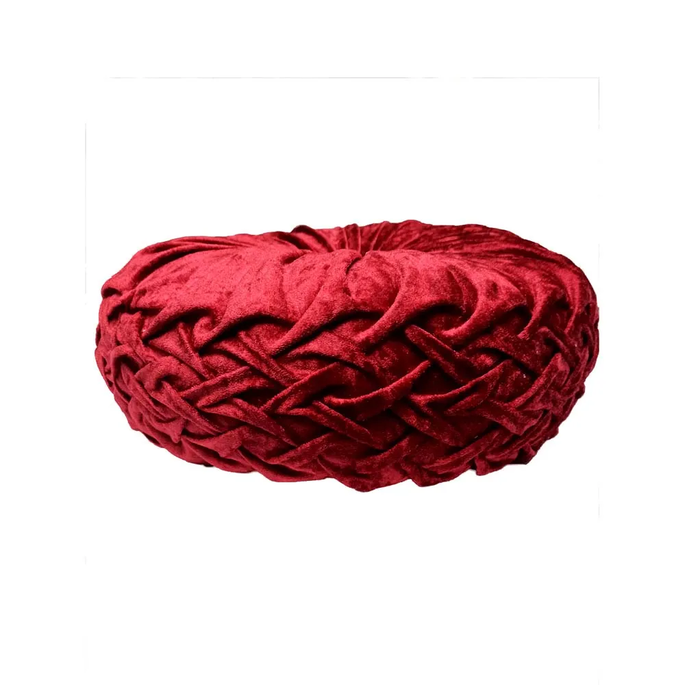 Round Hand Stitched Smoking Velvet Red Cushion Cover With Filler