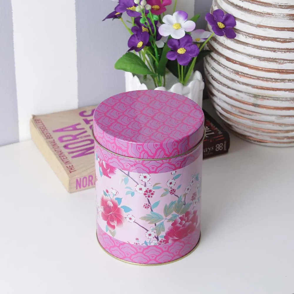 Round Pink Rose Printed Storage Metal Tin