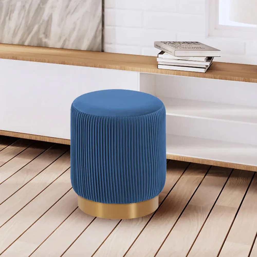 Round Plush Velvet Blue Ottoman / Pouffe Single Piece