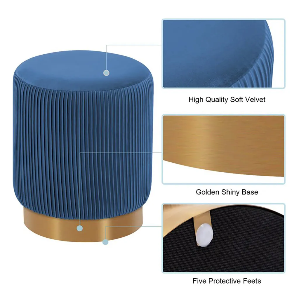 Round Plush Velvet Blue Ottoman / Pouffe Single Piece