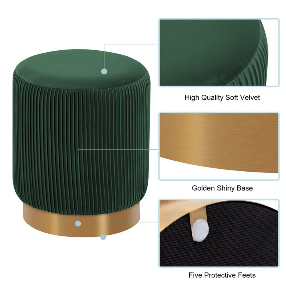 Round Plush Velvet Green Ottoman / Pouffe