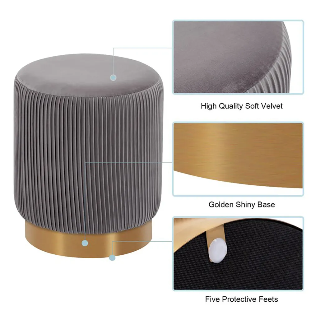 Round Plush Velvet Grey Ottoman / Pouffe Single Piece