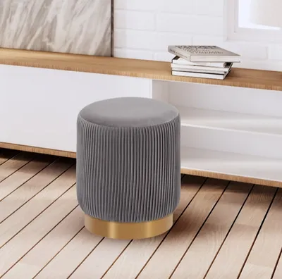 Round Plush Velvet Grey Ottoman / Pouffe