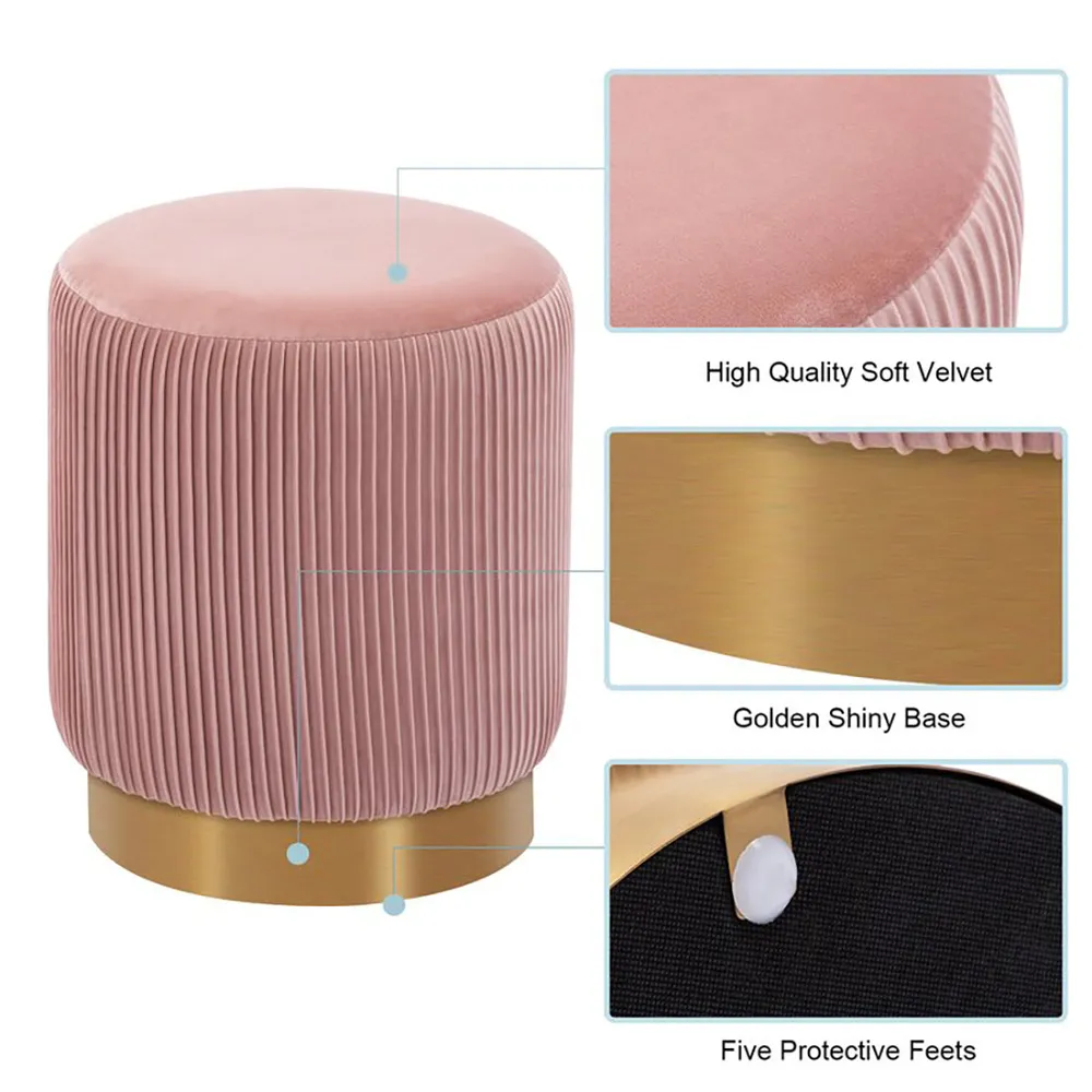 Round Plush Velvet Pink Ottoman / Pouffe