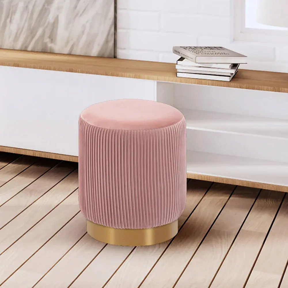 Round Plush Velvet Pink Ottoman / Pouffe