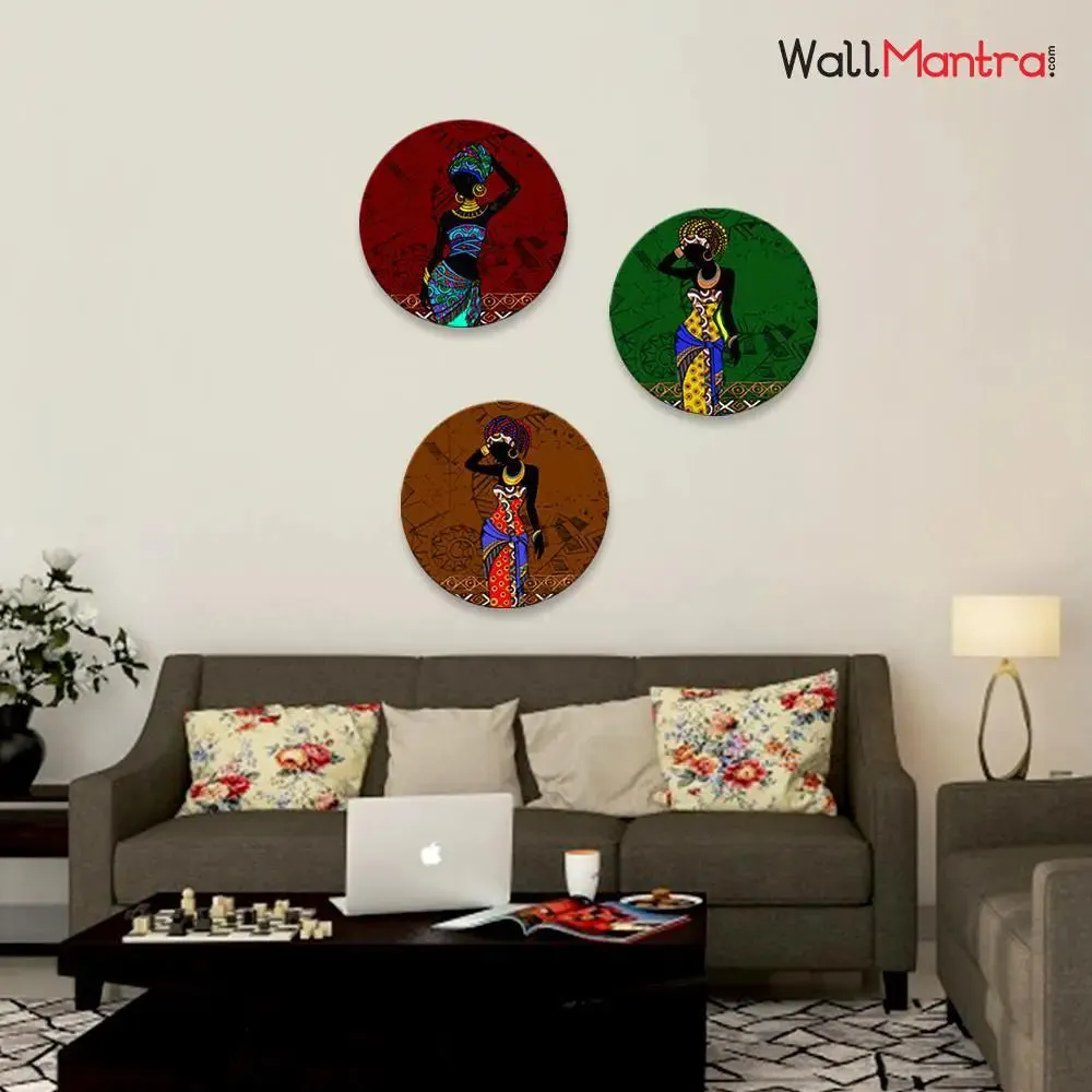 Round Shape African Girl Wall Painting &amp; Canvas Wall Art Set of 3