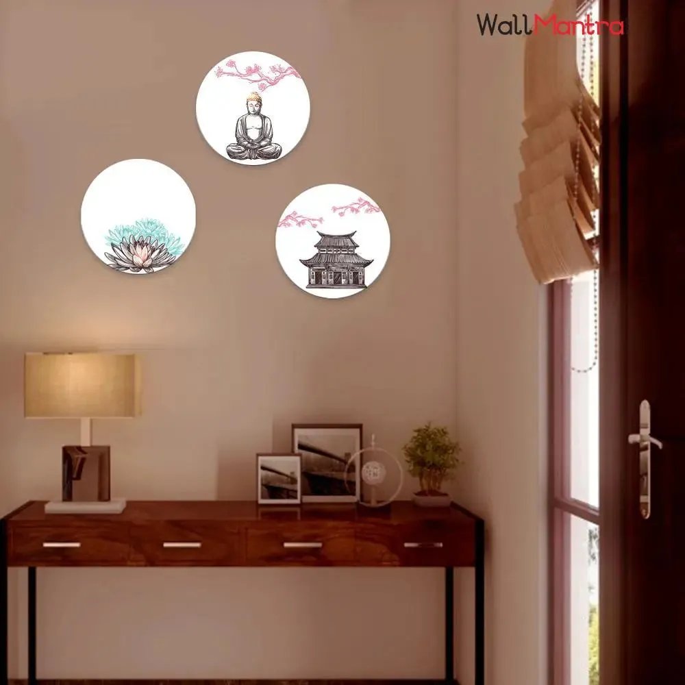 Round Shape Design Buddha Wall Painting & Canvas Wall Art Set of 3