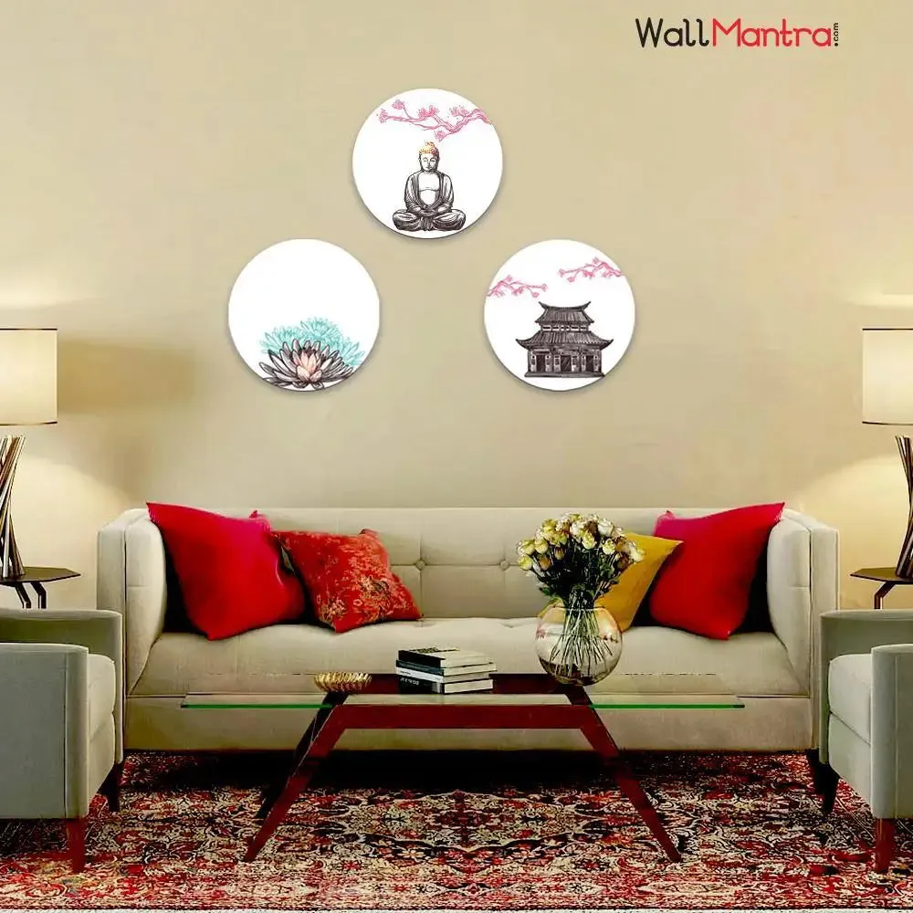 Round Shape Design Buddha Wall Painting & Canvas Wall Art Set of 3