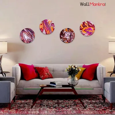 Round Shape Ebru Canvas wall Painting &amp; Art Set of 4