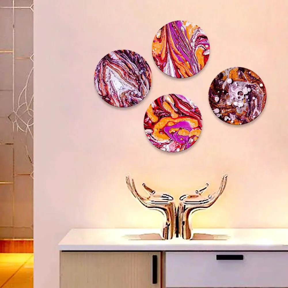 Round Shape Ebru Canvas wall Painting &amp; Art Set of 4