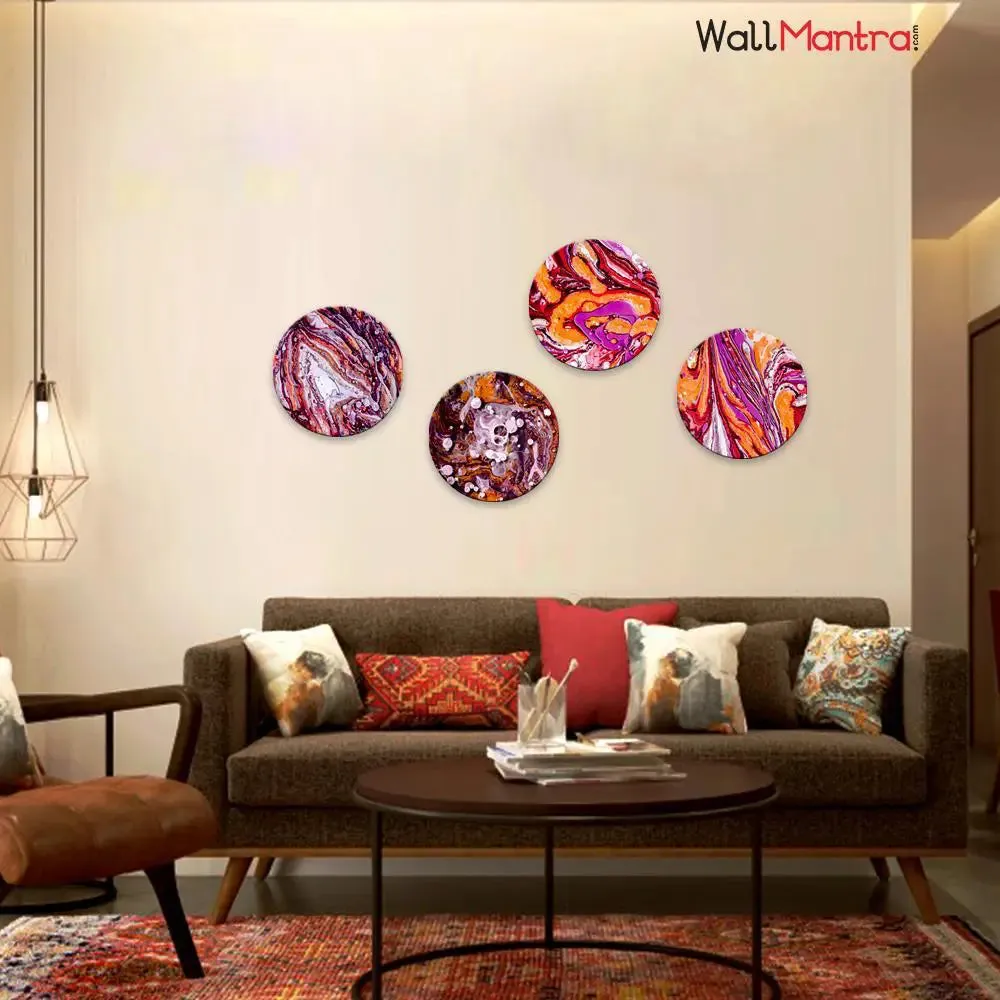 Round Shape Ebru Canvas wall Painting &amp; Art Set of 4