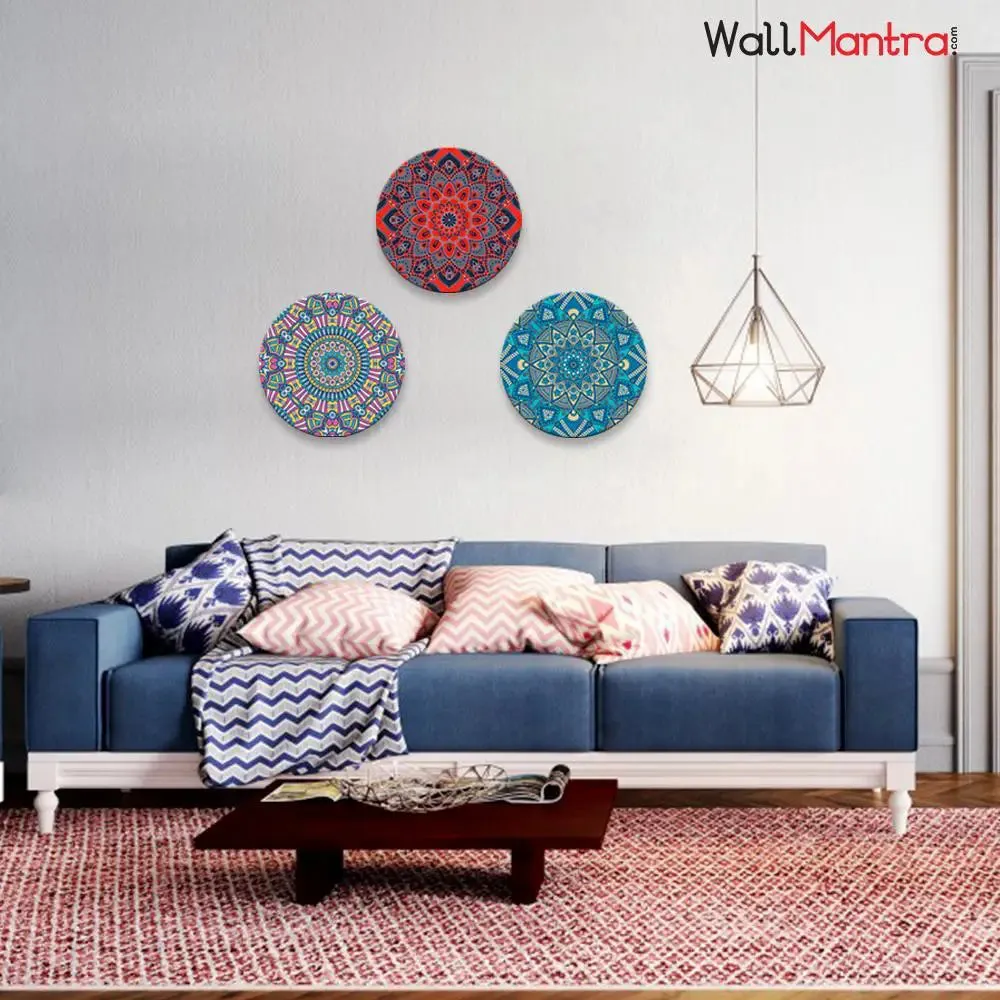 Round Shape Mandala Design Canvas wall Painting Set of 3
