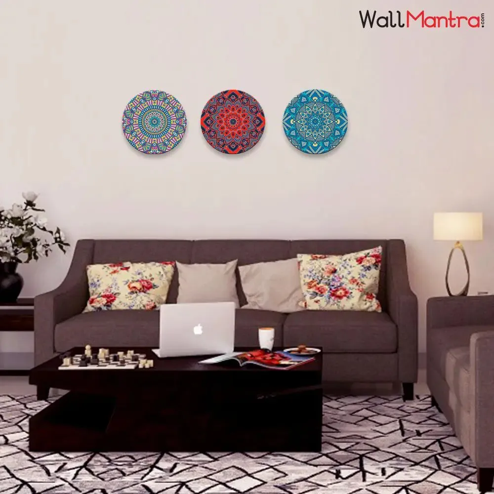 Round Shape Mandala Design Canvas wall Painting Set of 3