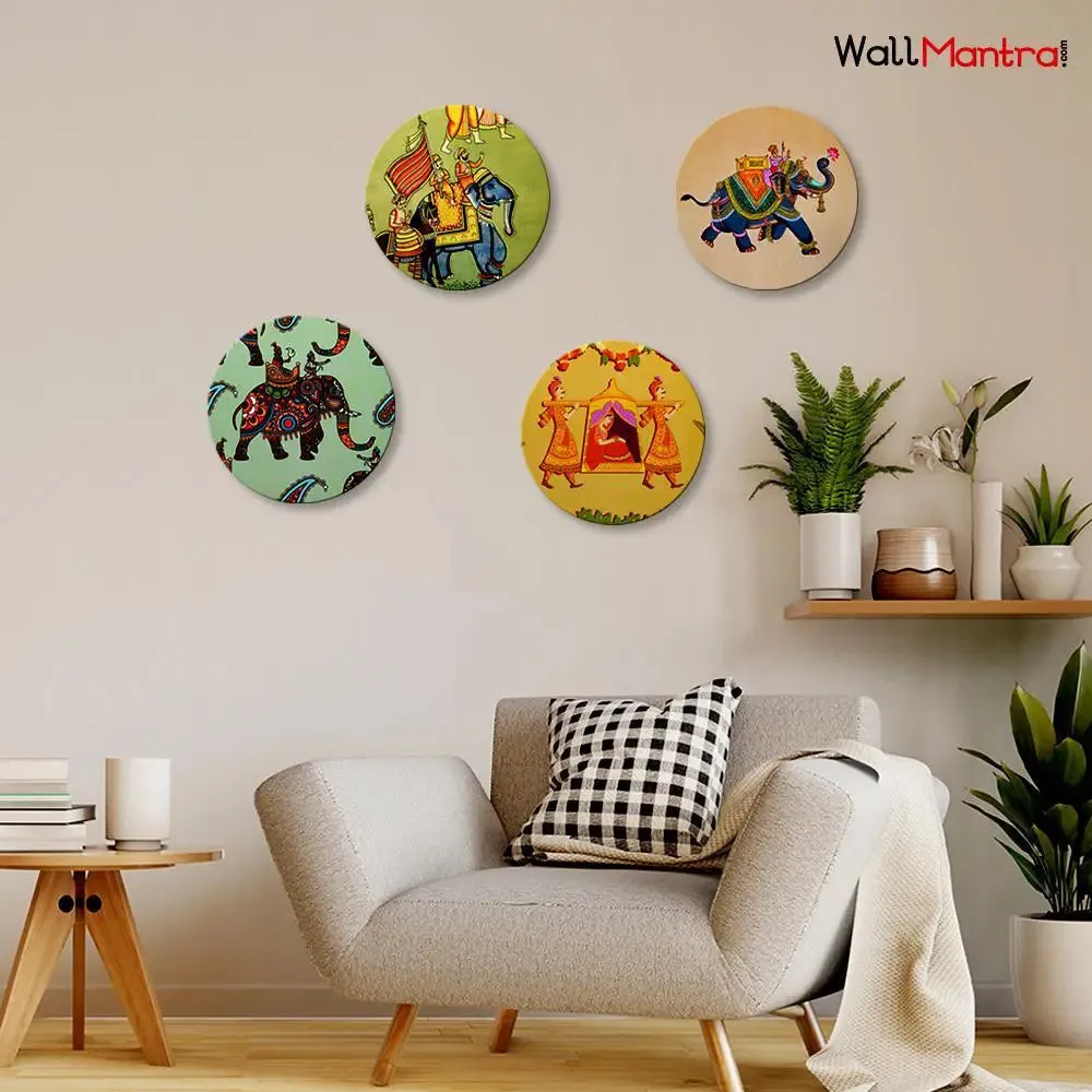 Round Shape Rajasthani Art Canvas Wall Painting Set of 4