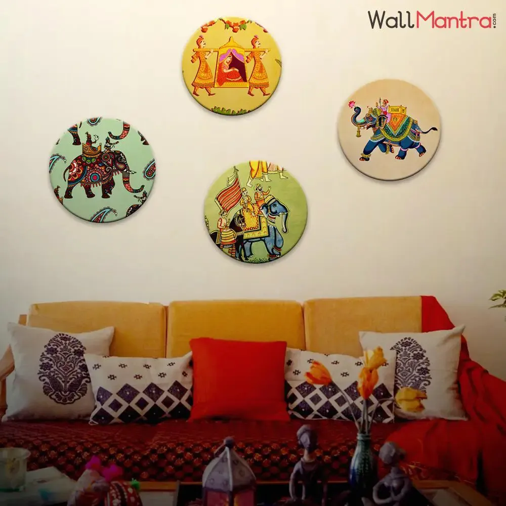 Round Shape Rajasthani Art Canvas Wall Painting Set of 4