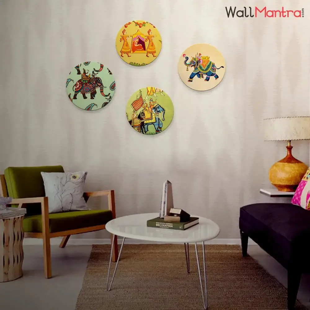 Round Shape Rajasthani Art Canvas Wall Painting Set of 4