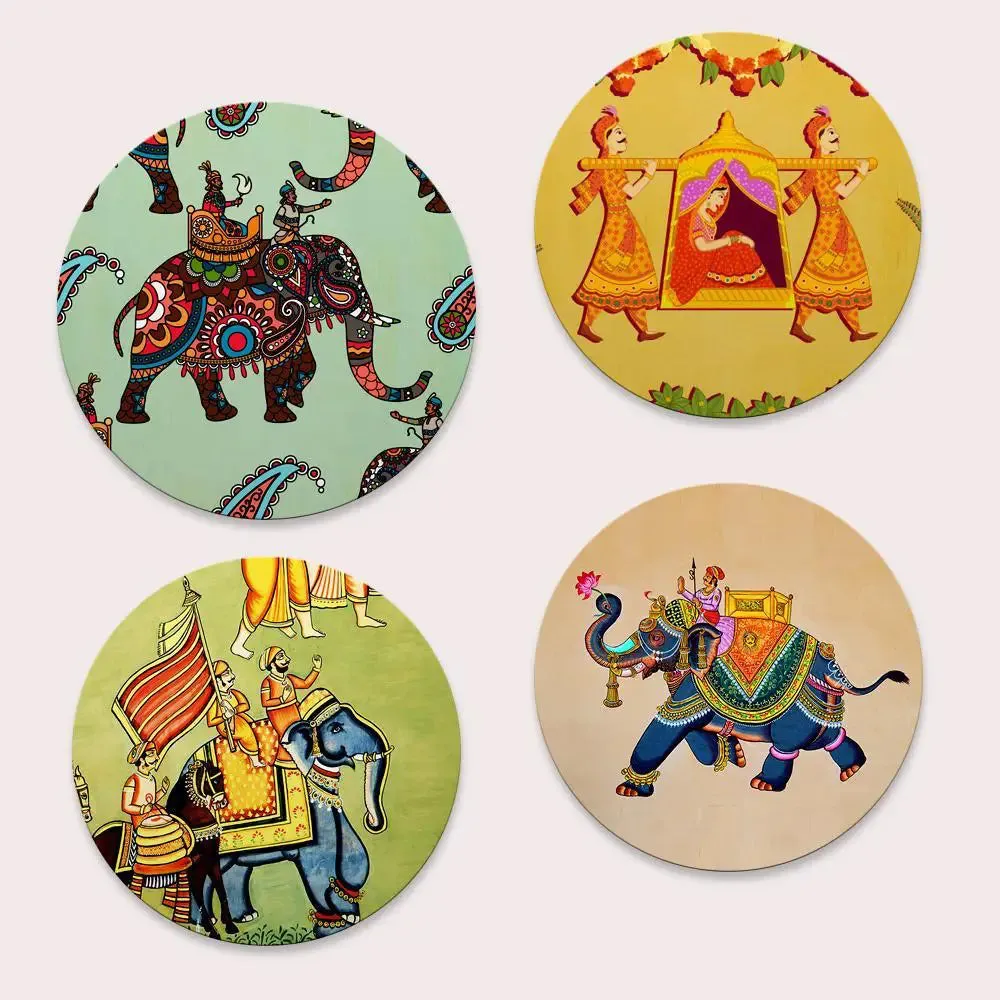 Round Shape Rajasthani Art Canvas Wall Painting Set of 4