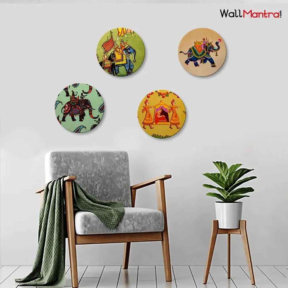 Round Shape Rajasthani Art Canvas Wall Painting Set of 4