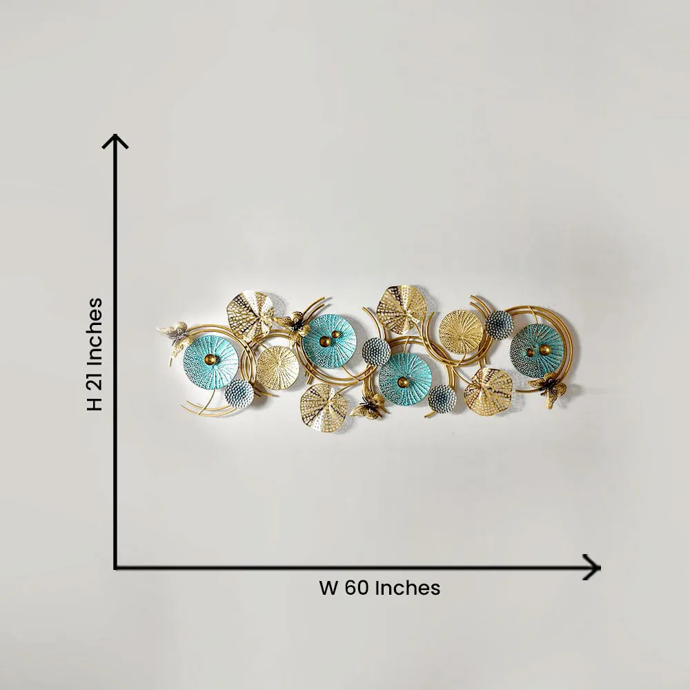 Round Shell Textured Golden &amp; Blue Abstract Metal Wall Art