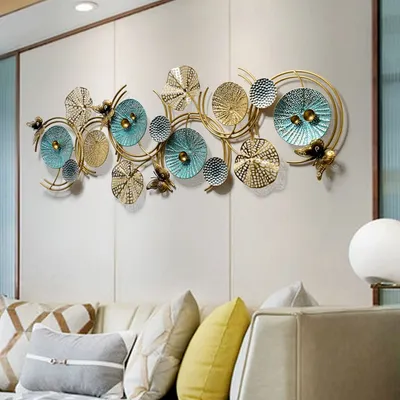 Round Shell Textured Golden &amp; Blue Abstract Metal Wall Art