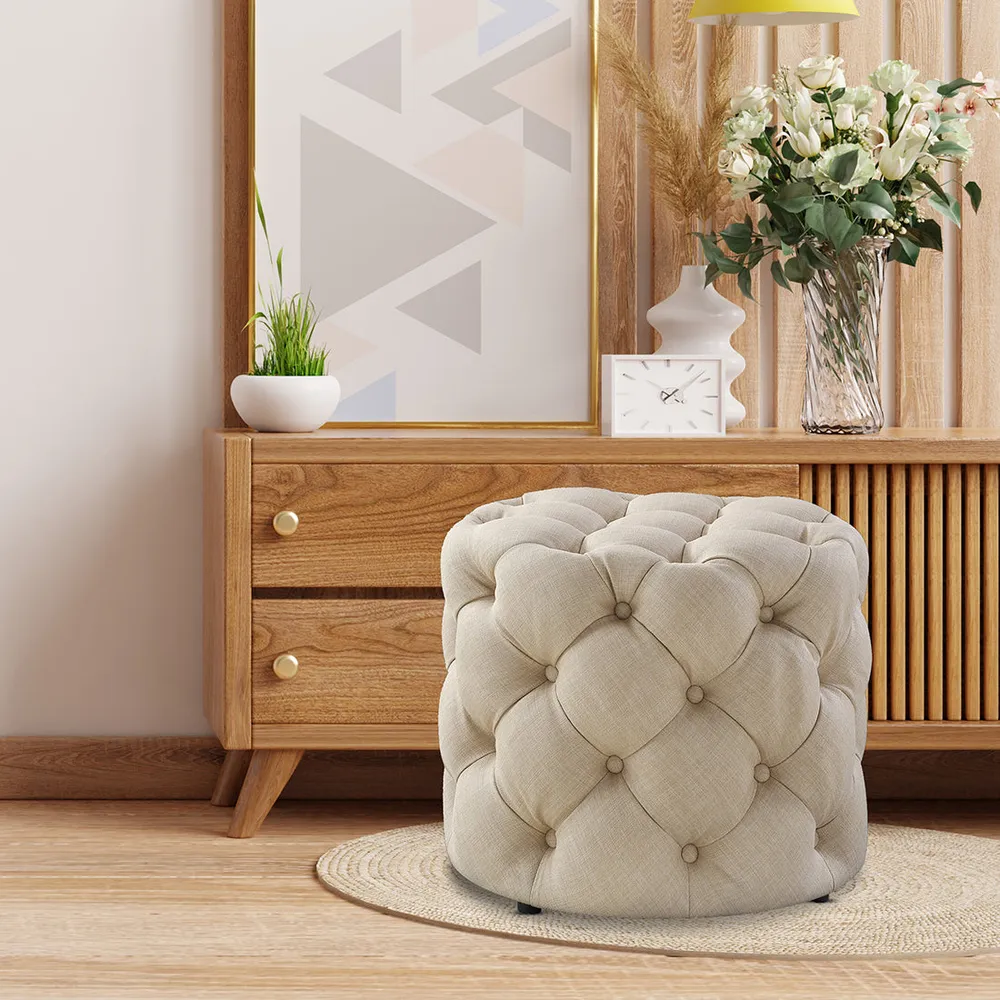 Round Velvet Tufted Solid Puffy Stool In Beige Single Piece