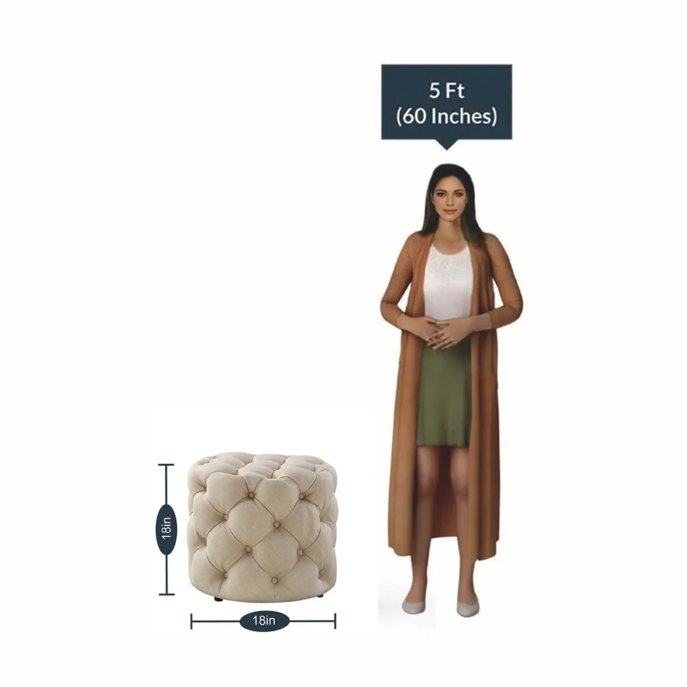 Round Velvet Tufted Solid Puffy Stool In Beige Single Piece