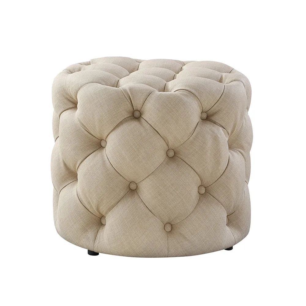 Round Velvet Tufted Solid Puffy Stool In Beige Single Piece