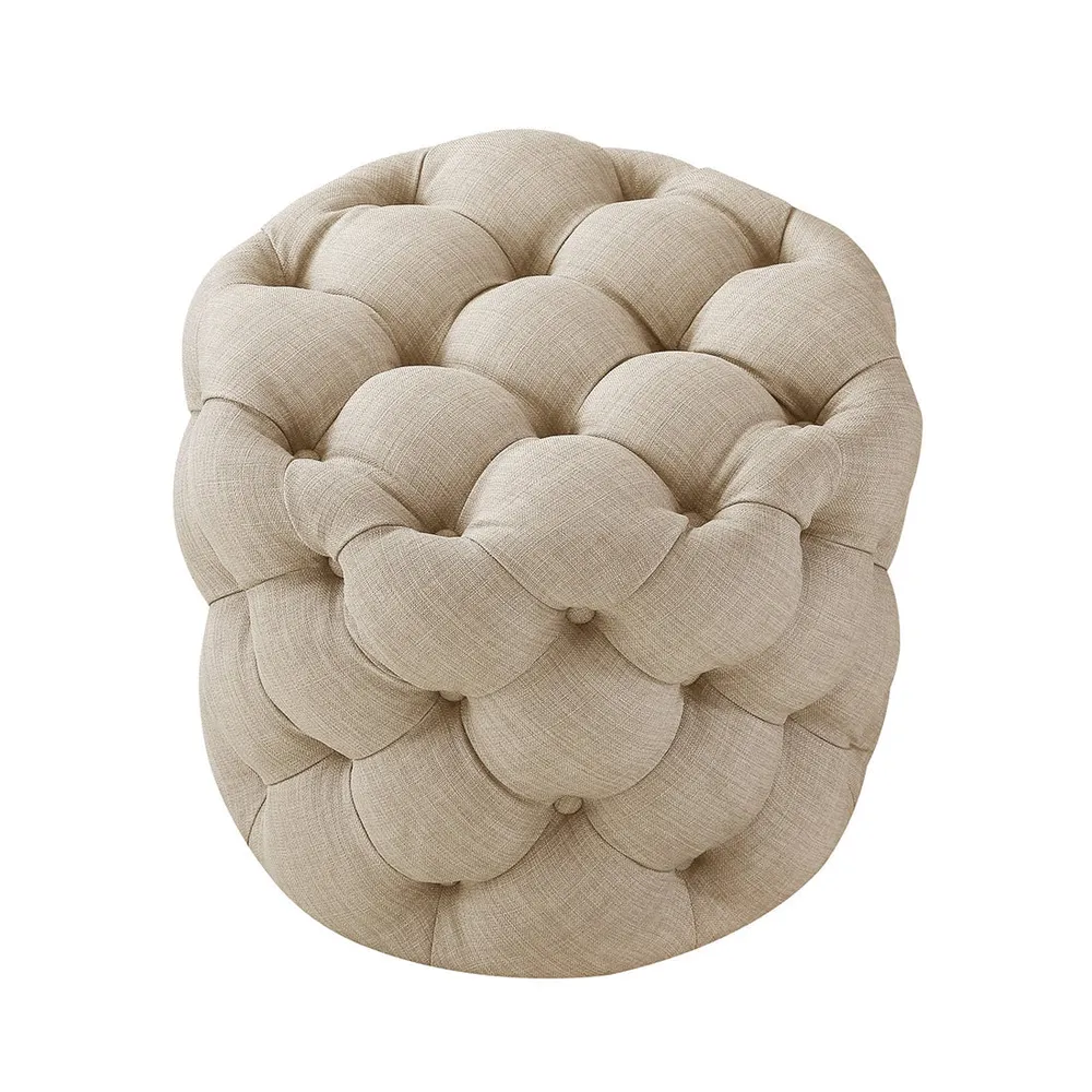 Round Velvet Tufted Solid Puffy Stool In Beige Single Piece