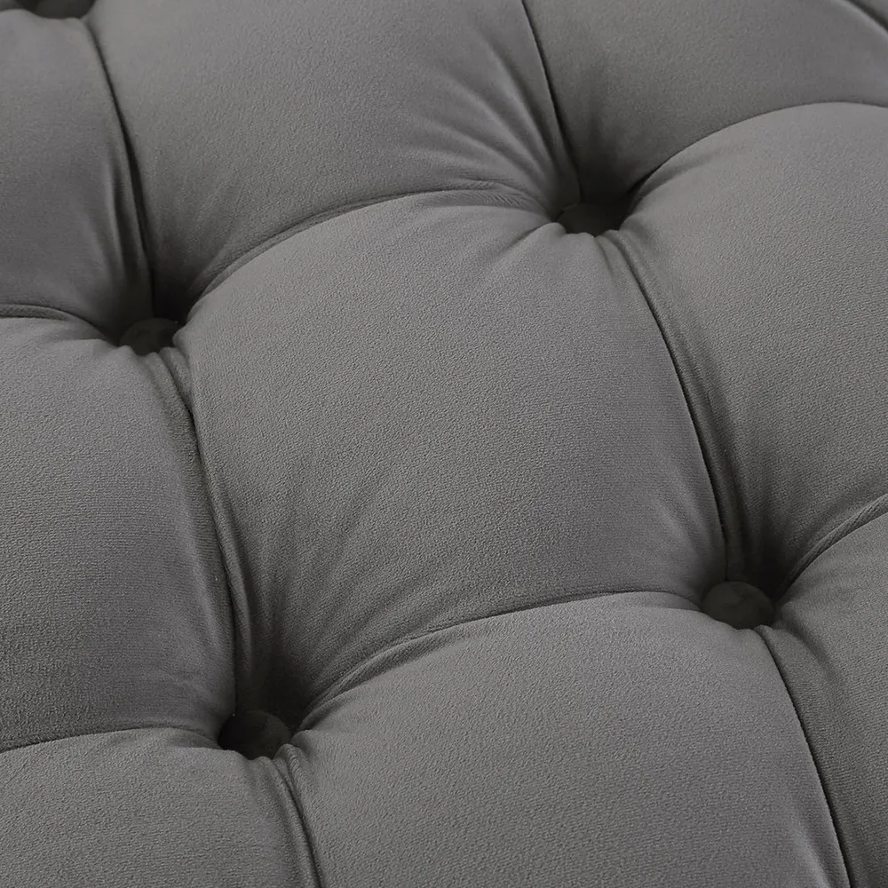 Round Velvet Tufted Solid Puffy Stool In Grey Single Piece