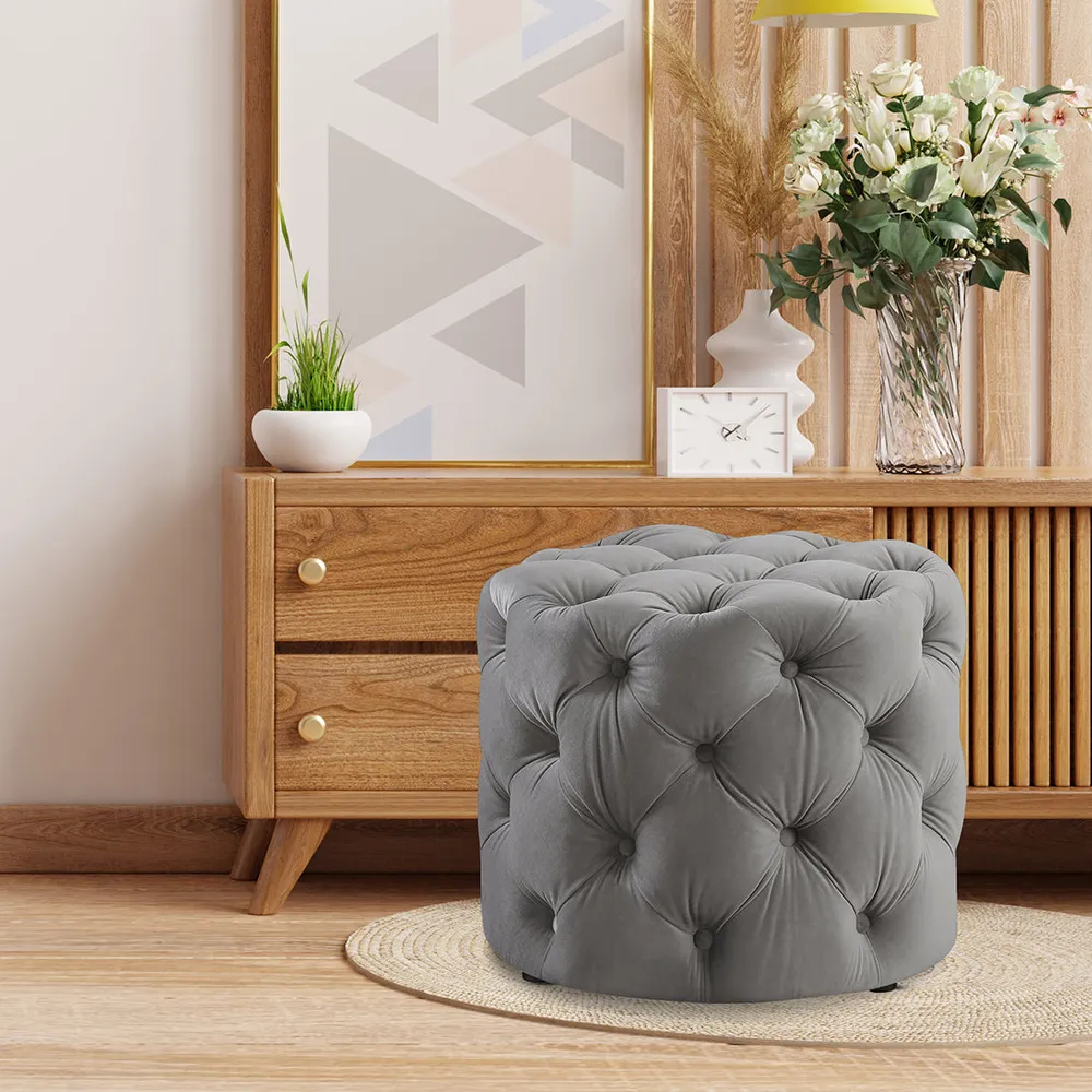 Round Velvet Tufted Solid Puffy Stool In Grey Single Piece