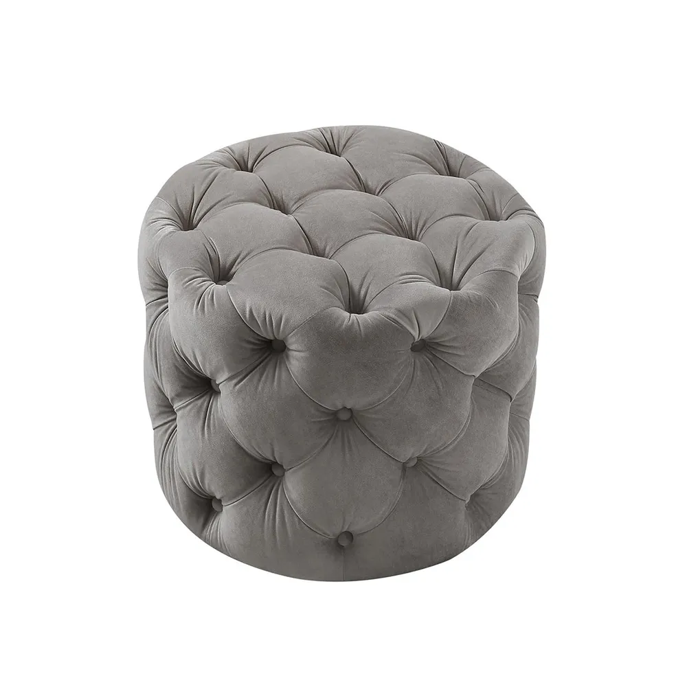 Round Velvet Tufted Solid Puffy Stool In Grey Single Piece