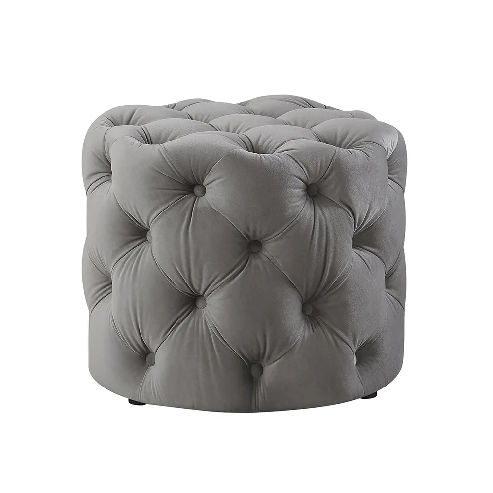 Round Velvet Tufted Solid Puffy Stool In Grey Single Piece