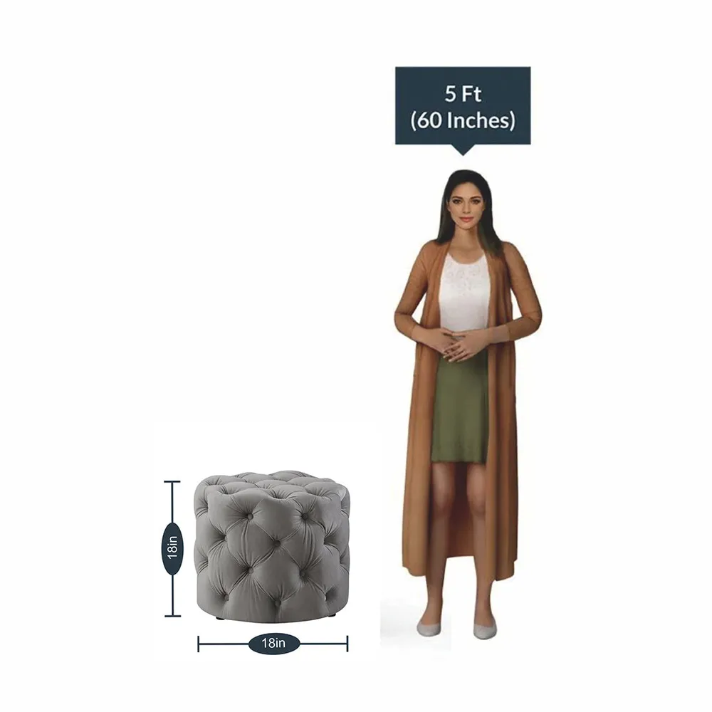 Round Velvet Tufted Solid Puffy Stool In Light Grey