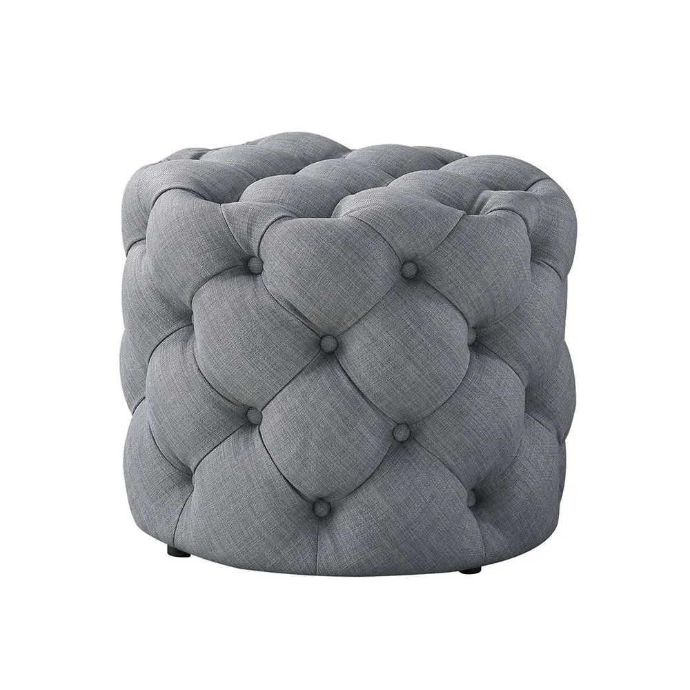 Round Velvet Tufted Solid Puffy Stool In Light Grey