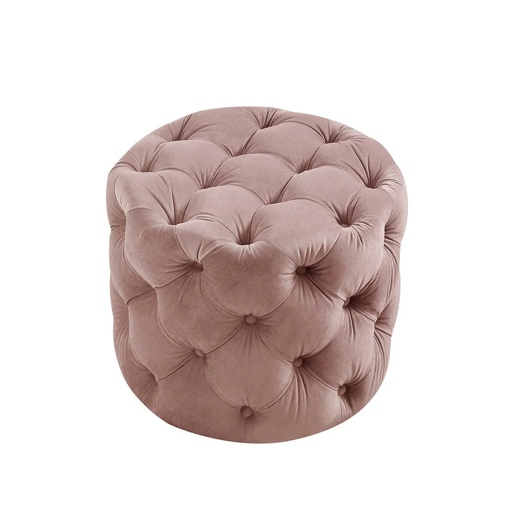 Round Velvet Tufted Solid Puffy Stool In Pink Single Piece