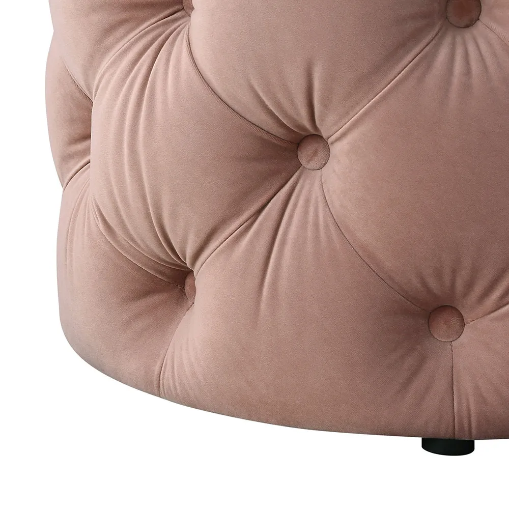 Round Velvet Tufted Solid Puffy Stool In Pink Single Piece