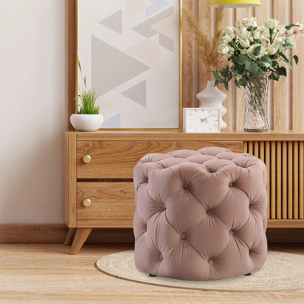 Round Velvet Tufted Solid Puffy Stool In Pink Single Piece