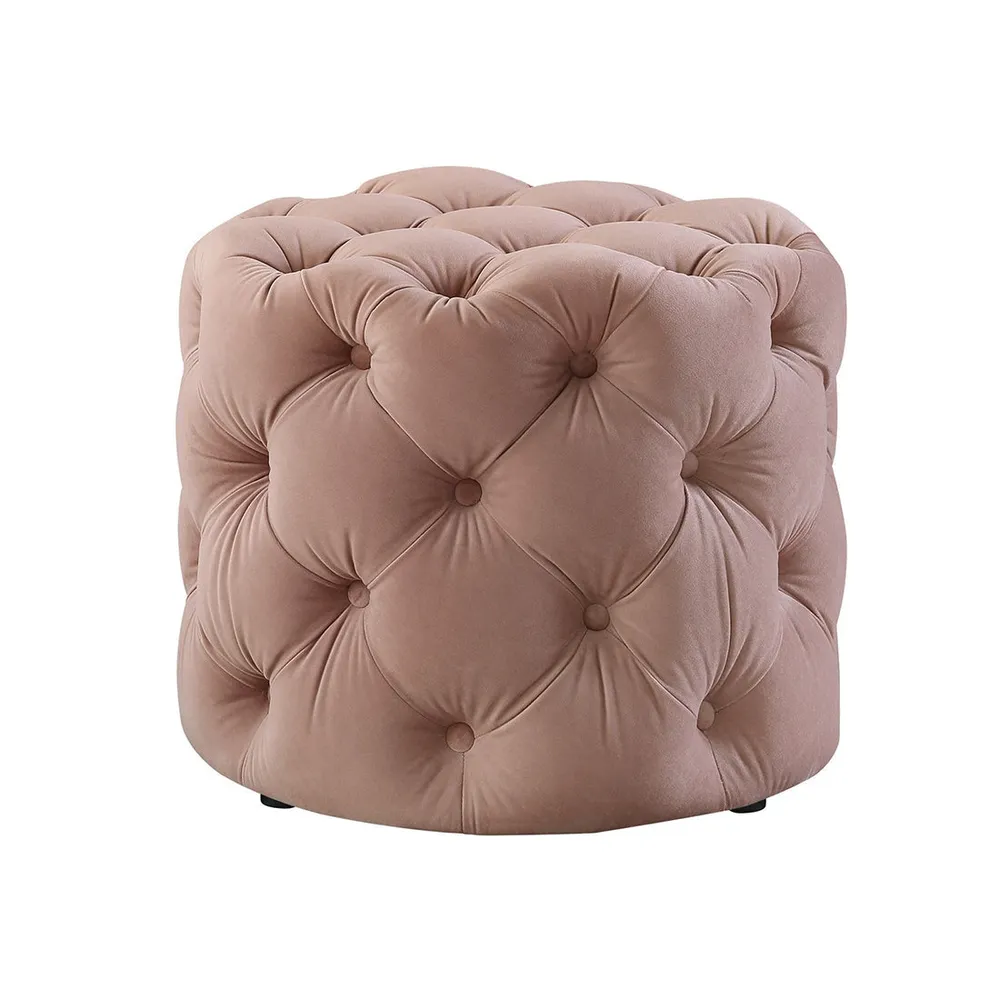 Round Velvet Tufted Solid Puffy Stool In Pink Single Piece
