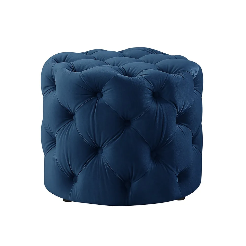 Round Velvet Tufted Solid Puffy Stool In Royal Blue